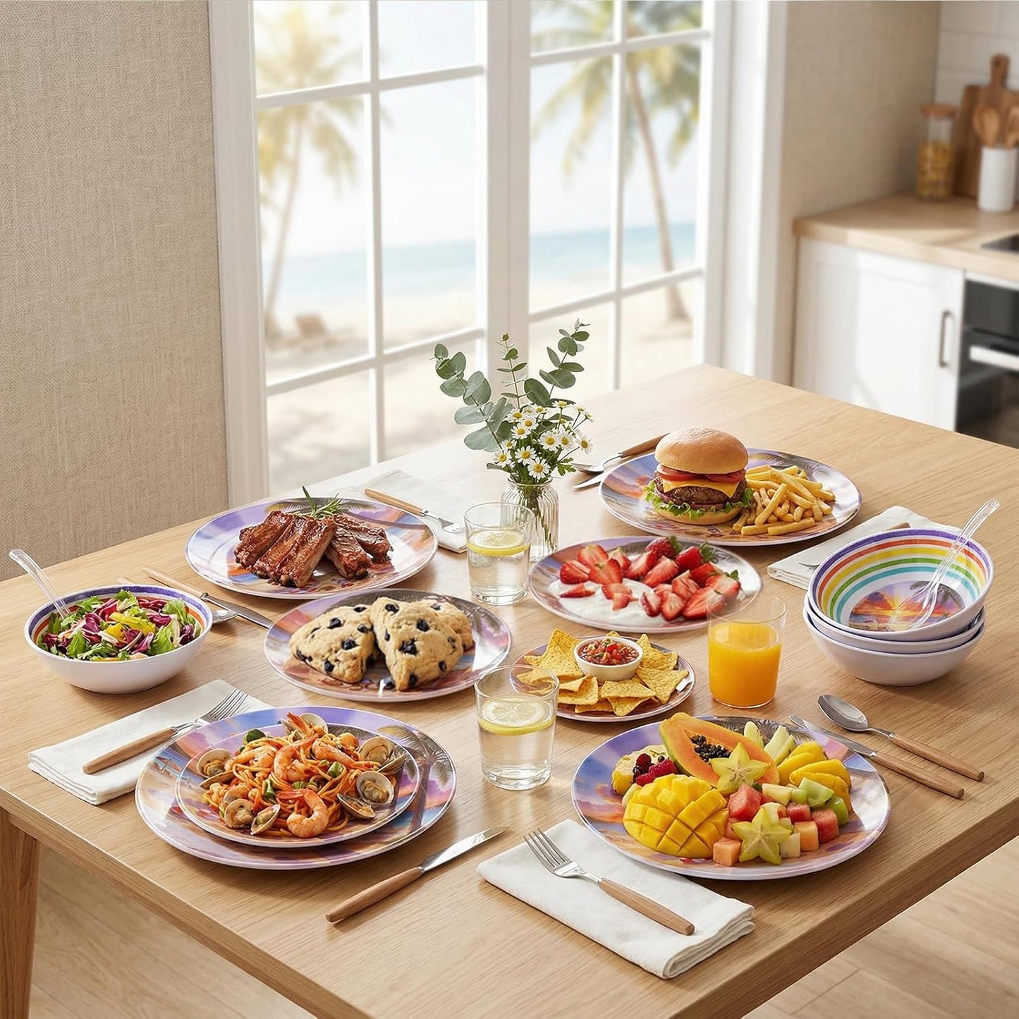 12 Piece Melamine Plates and Bowls Set - Beach Sunset Melamine Dinnerware Set for 4，Unbreakable Dishes Set，Stackable Lightweight Plates & Bowls for Indoor & Outdoor Use，Tropical Sunset