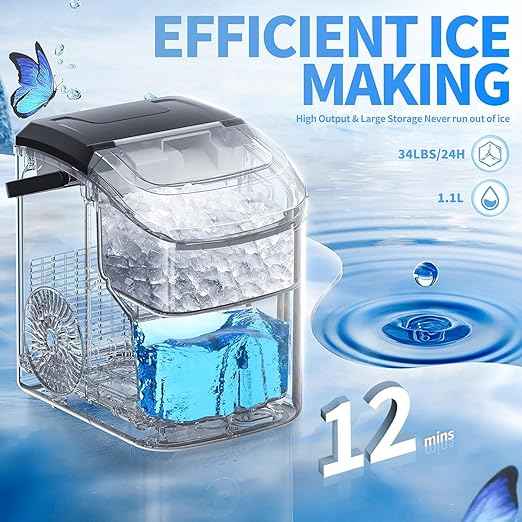 Antarctic Star Nugget Ice Maker Countertop, 34 lbs/Day Pellet Ice Machine with Self-Cleaning, Fast Ice Ready in 10 Minutes, Portable Ice Maker with Handle for Home, Office, RV, Camping(Black)