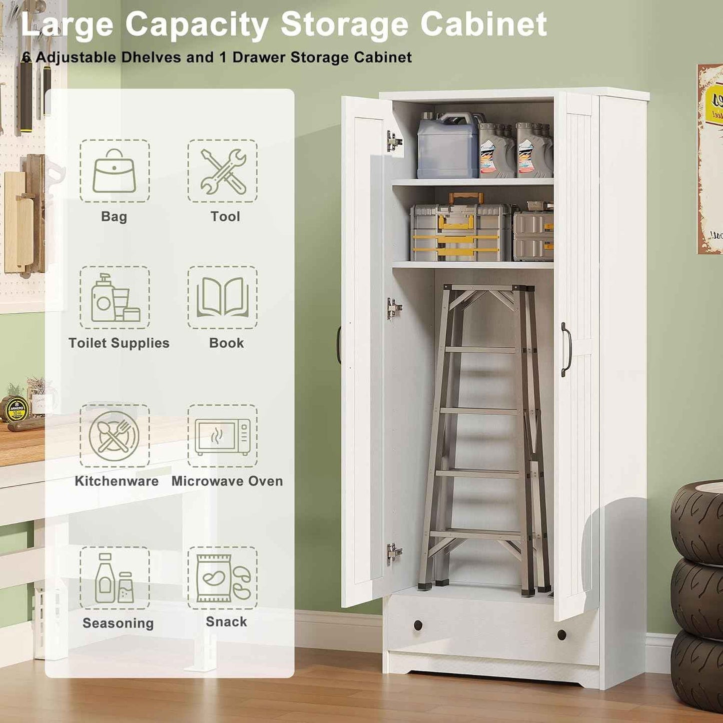 Decofy 70" Tall Storage Cabinets, Large Wood Storage Pantry Cabinet with 6 Adjustable Shelves, 2 Striped Doors & Drawer, Standing Utility Cabinet for Kitchen, Bathroom, Dining Room, Antique (White)