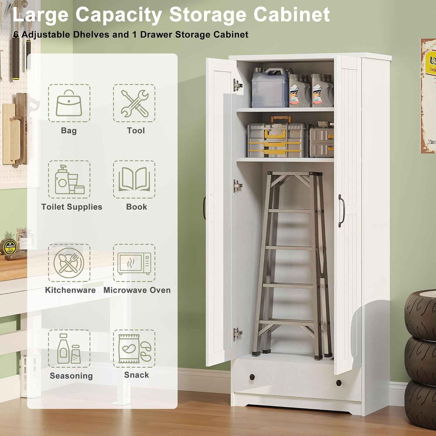 Decofy 70" Tall Storage Cabinets, Large Wood Storage Pantry Cabinet with 6 Adjustable Shelves, 2 Striped Doors & Drawer, Standing Utility Cabinet for Kitchen, Bathroom, Dining Room, Antique (White)
