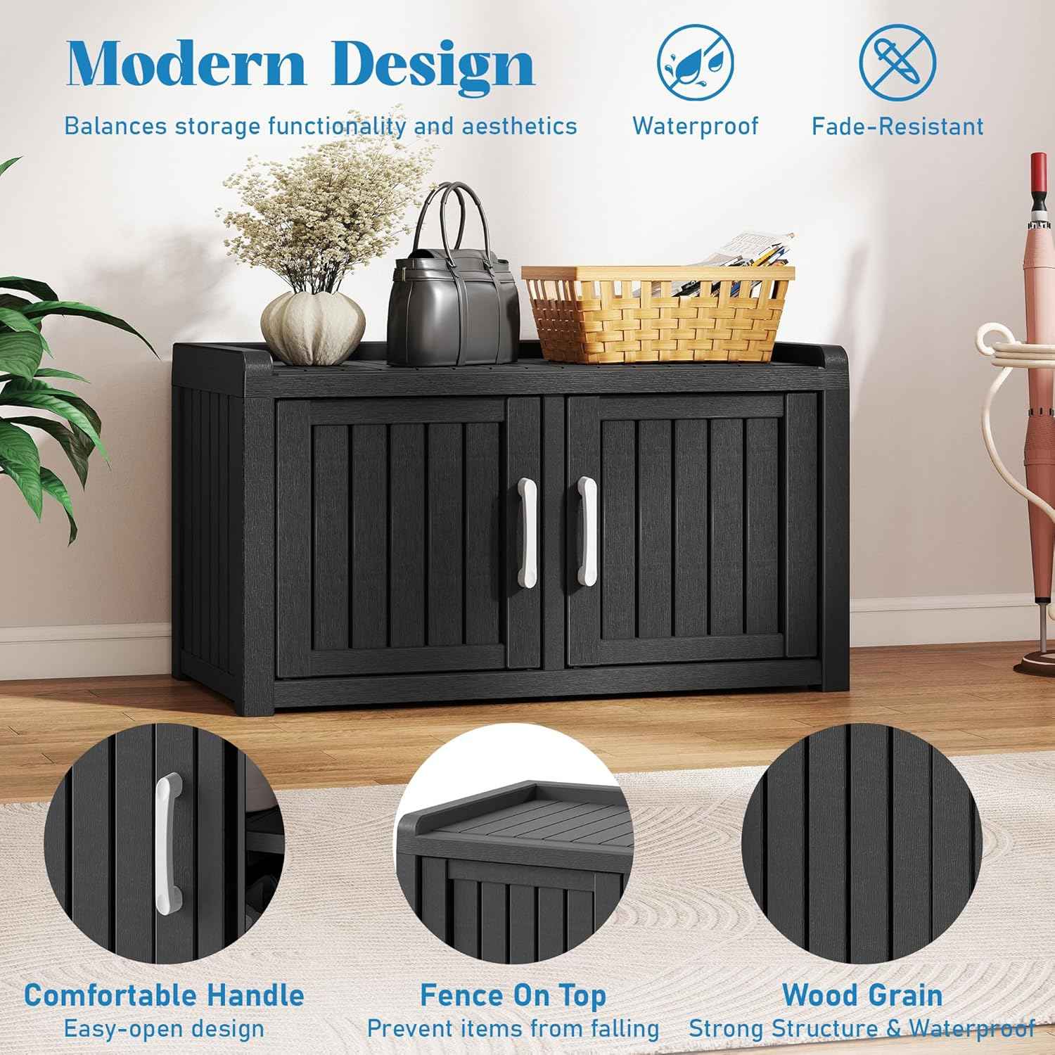 2-Tier Storage Bench, Waterproof UV-Resistant Outdoor Shoe Storage Cabinet with 2 Doors & Adjustable Shelves for Indoor Outdoor Entryway, Hallway, Living Room (Black)