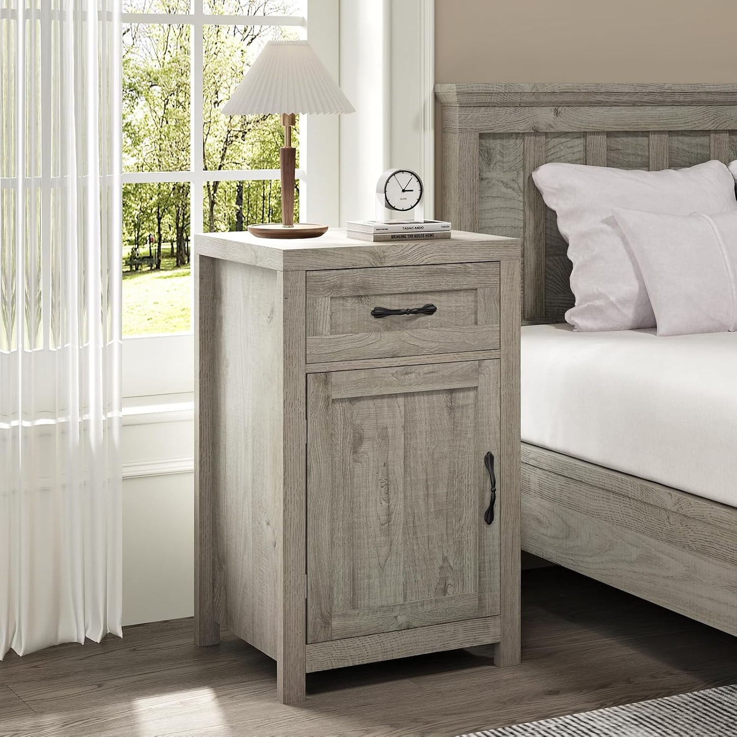 Farmhouse Nightstand Set of 2 with Drawer, 30" End Table with Storage Cabinet and Adjustable Shelf, Tall Bedside Table Rustic Wood Sofa Side Table for Living Room, Bedroom, Grey