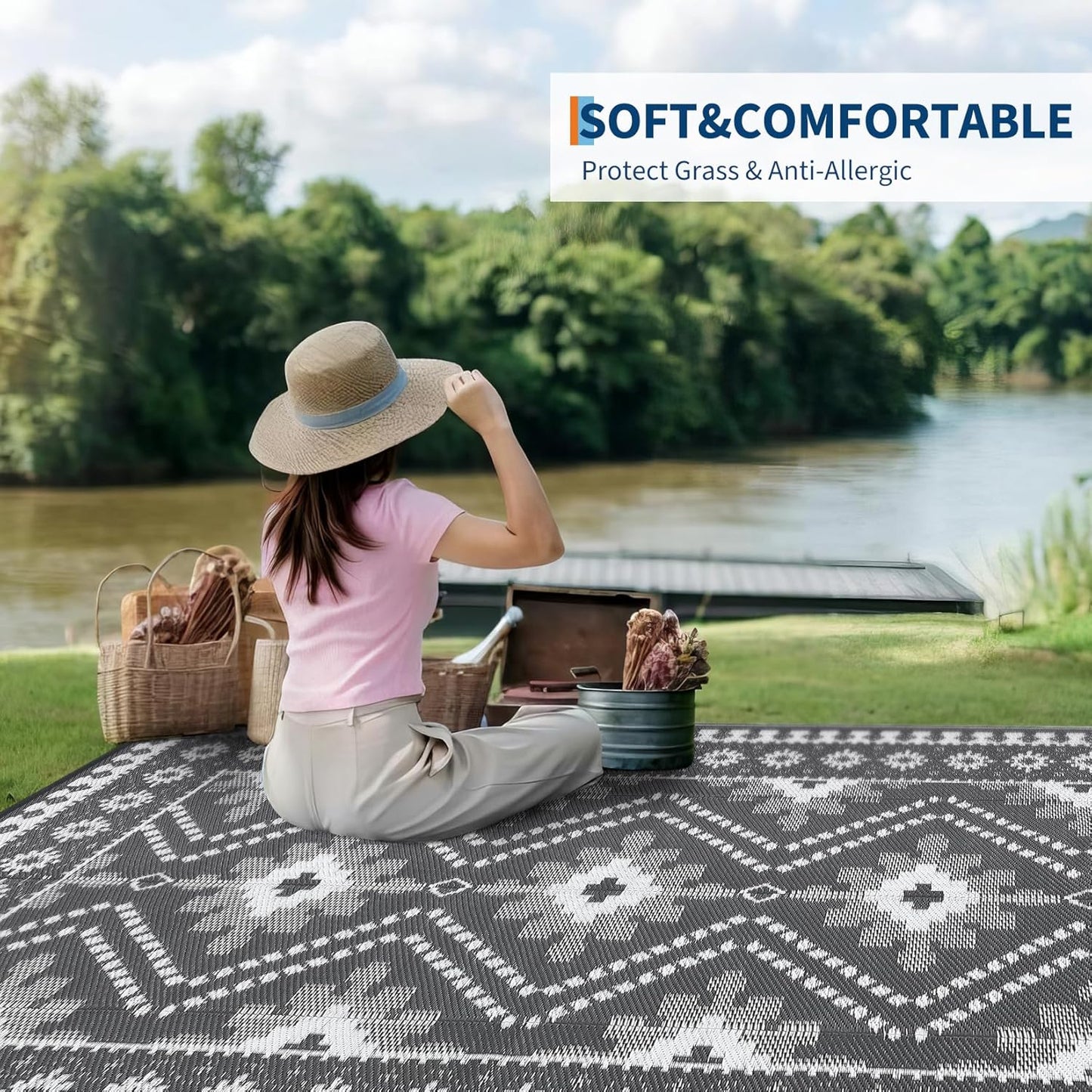 8x10 Gray Outdoor Rug, Waterproof Plastic Straw Reversible Ethnic Geometric Patio Mat, Symmetrical Tribal Pattern Washable RV Camping Carpet, Foldable Portable Deck Rug for Picnic Backyard