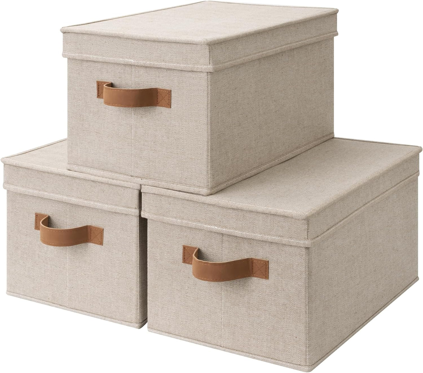 StorageWorks Large Storage Bins with Lids, Decorative Storage Boxes with Lid and PU Handles, Foldable Storage Baskets for Closet, Shelves, Stackable, Brown and Beige, 3-Pack