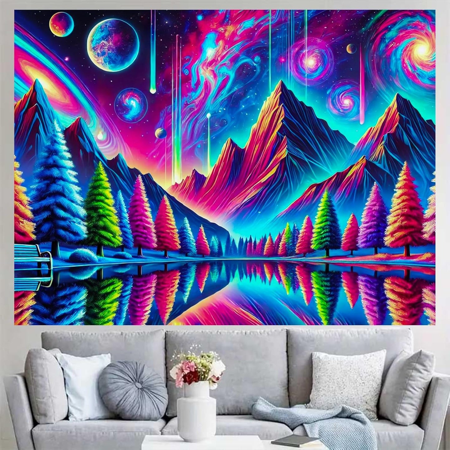 BlissYard Alien Galaxy Reflection UV Black Light Tapestry 78x59 Inches Art Color Neon Light Background Bedroom Living Room Wall Party Decoration Trippy Cosmic Trees Planet Lake Mountain View