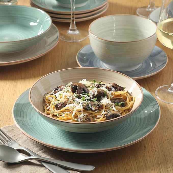 Gibson Home Stonebury 16 Piece Plates and Bowls Assorted Color Dishes - Handpainted Stoneware Dinnerware Set - Service for 4