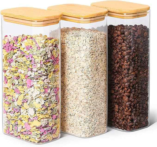 ComSaf 2 Qt Rectangle Glass Storage Containers with Lids, Glass Jars with Bamboo Lids, Clear Food Jar, Square Canister Set of 3, Pantry Organizers and Storage for Flour Pasta Coffee Bean