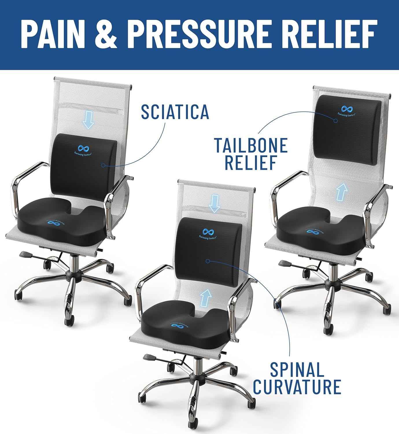 Everlasting Comfort Doctor Recommended Memory Foam Seat Cushion for Office Chairs & Car - Ergonomic Office Desk Accessories - Cushions for Tailbone Pain Relief, Sciatica & Back Support Pillow