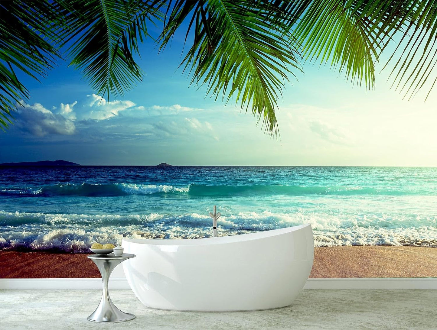 WFBHUA-Large Beach Scene Wallpaper Mural Dusk Waves Wall Murals for Bathroom Living Room Bedroom(Not Peel and Stick)