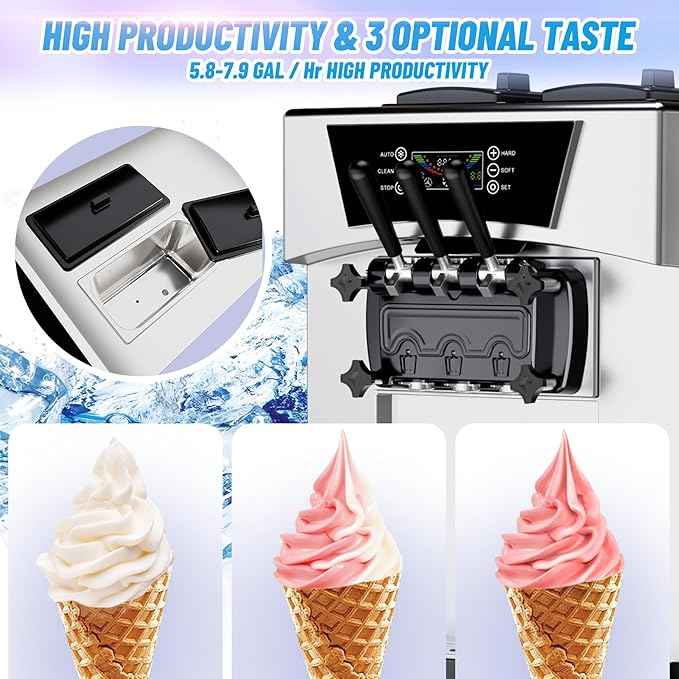 Commercial 2+1 Flavors Ice Cream Machine 5.8 to 8 Gal per Hour, 2200W Vertical Soft Serve with LCD Display, Auto Clean, High Productivity, Perfect for Restaurant