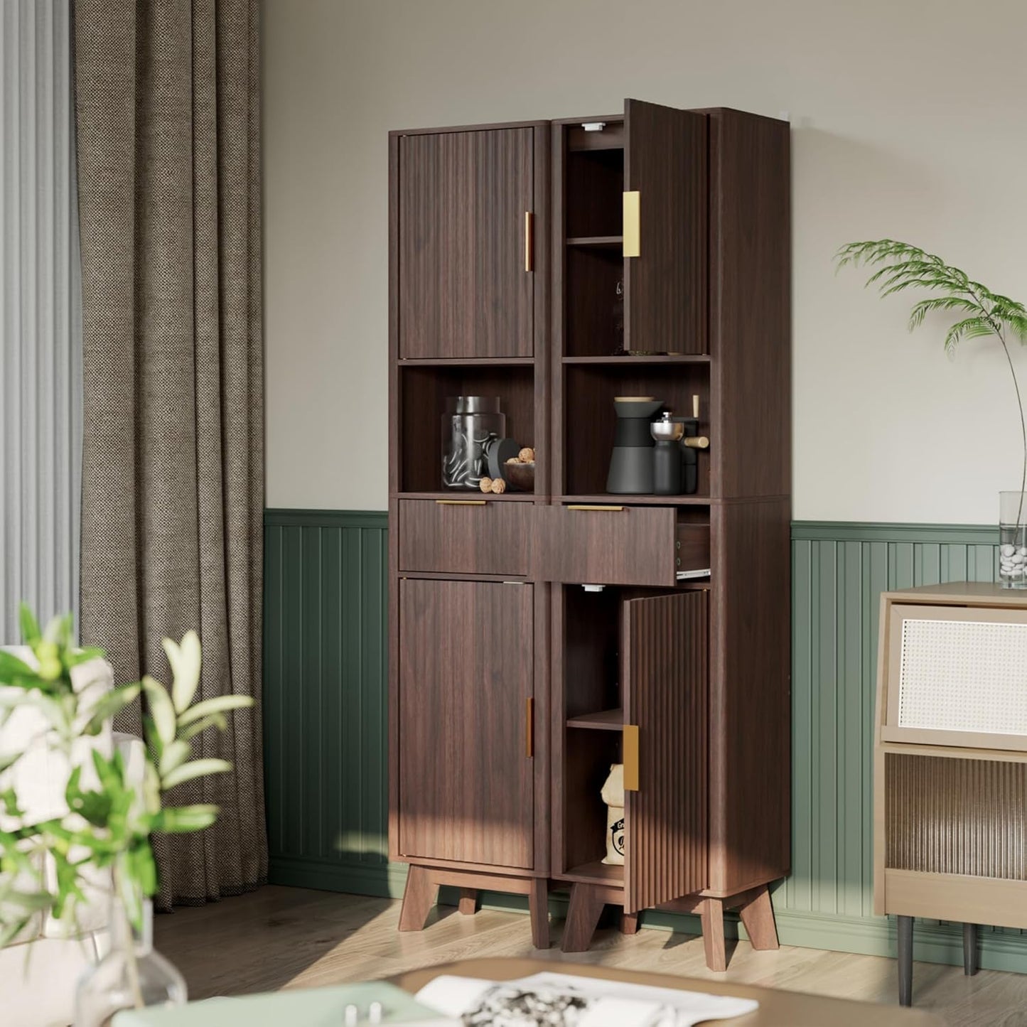 67" Tall Bathroom Storage Cabinet with Fluted Doors, Narrow Metal Cabinet with Fluted Doors and Drawer, Thin Cabinet with Open Countertop for for Bathroom, Living Room, Kitchen, Dining Room, Walnut