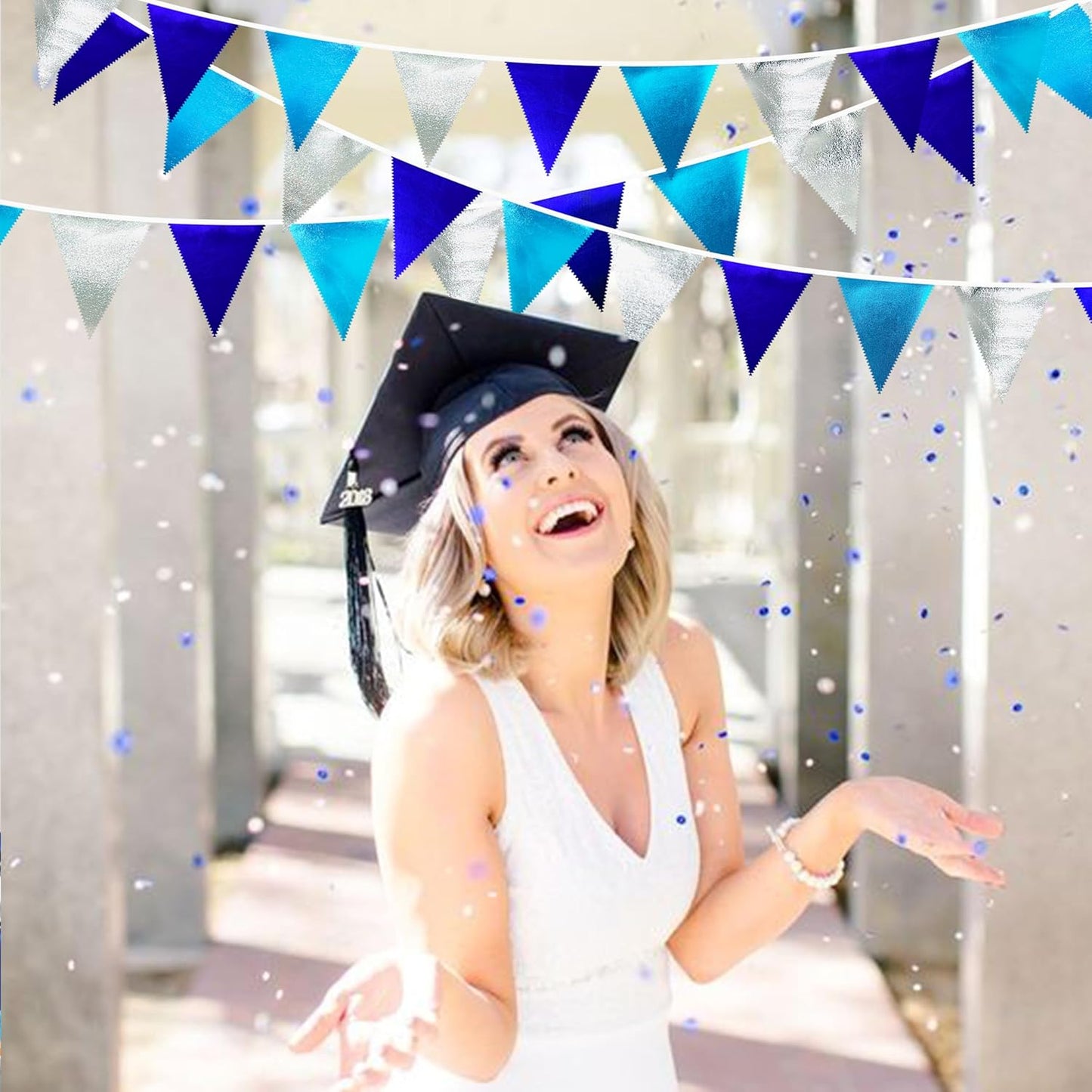 Navy Blue Silver Party Decorations Metallic Fabric Triangle Pennant Banner Flag Bunting Garland for Graduation Birthday Retirement Wedding Bachelorette Nautical Ahoy Achor Outdoor Party Supplies