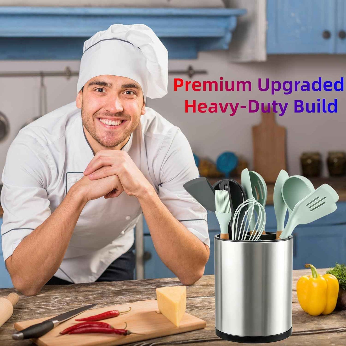 LIBODOUR Kitchen Utensil Holder Extra Large 360°Rotating For Counter Organizer Stainless Steel Storage Cooking Silverware Caddy 3 Compartment Flatware Spoon Spatula Tool Cutlery Container（Silvery）