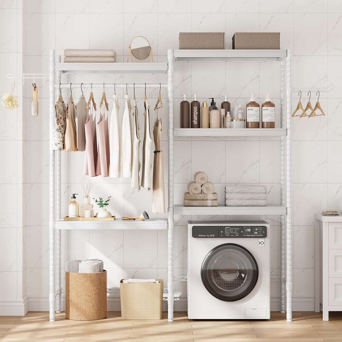 30" Over-the-Washer Shelf, 5-Tier Dryer Storage Shelf with Adjustable Height, Laundry Organizer with Double-Layer 100lb Shelves, Bathroom Shelf, Space-Saving Storage for Bathroom, Laundry Room, White
