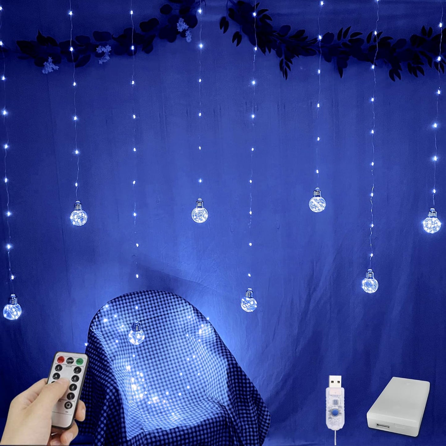 YOLIGHT Wishing Ball Curtain Lights 200 LED Window Curtain String Lights with Remote, USB Battery Powered Twinkle Globe Fairy Lights for Wedding Party Bedroom Christmas Halloween Decoration (Blue)