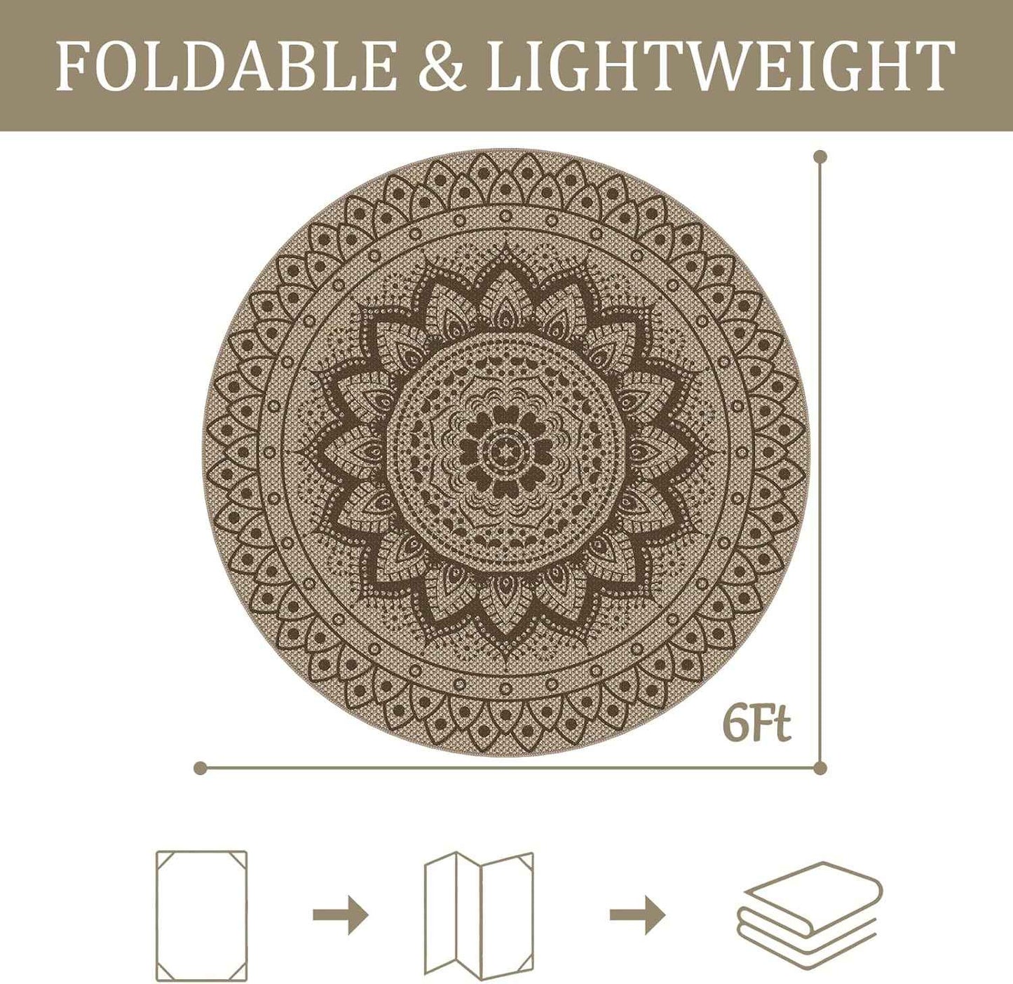 Easy Jute Outdoor Round Rug, 6ft Washable Indoor Outdoor Patio Rug, Brown Non Slip Round Area Rug Farmhouse, Boho Carpet for Backyard Patio