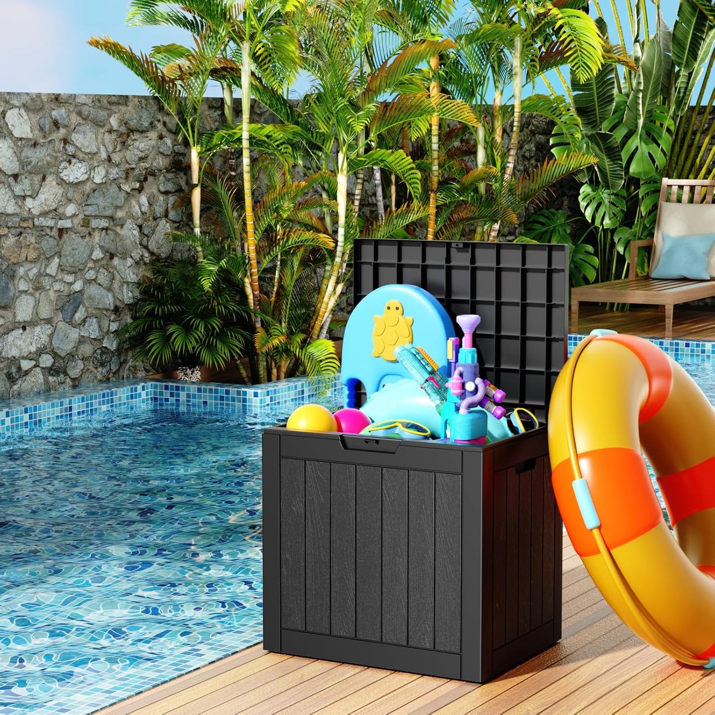 31 Gallon Resin Deck Box, Lockable Patio Outdoor Storage Box for Furniture, Garden Tools and Tools Storage, Waterproof Outside Storage Boxes - Black