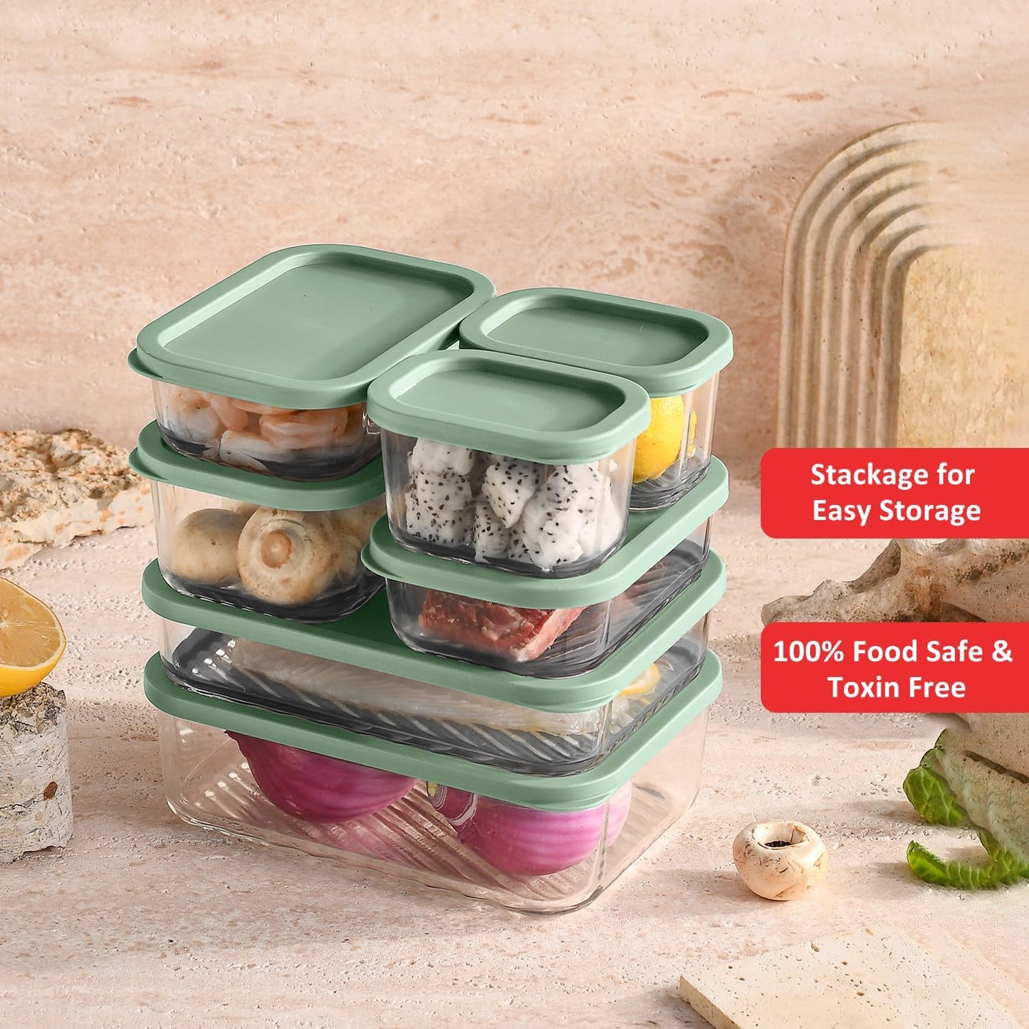 EATEX 14 Pack Glass Meal Prep Containers with Grooved Base, 14 Stackable BPA Free Glass Storage Containers with Lids for Lunch, Pantry, and Kitchen - Microwave, Dishwasher Freezer & Oven Safe - Sage