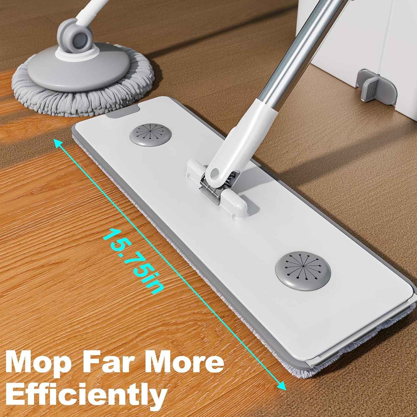 15.7" Flat Mop and Bucket Set with Wringer System | Wet Dry Floor Mop, 6 Reusable Microfiber Pads for Home, Tiny Home, Safe for Hardwood, Tile, Wall & Window Cleaning