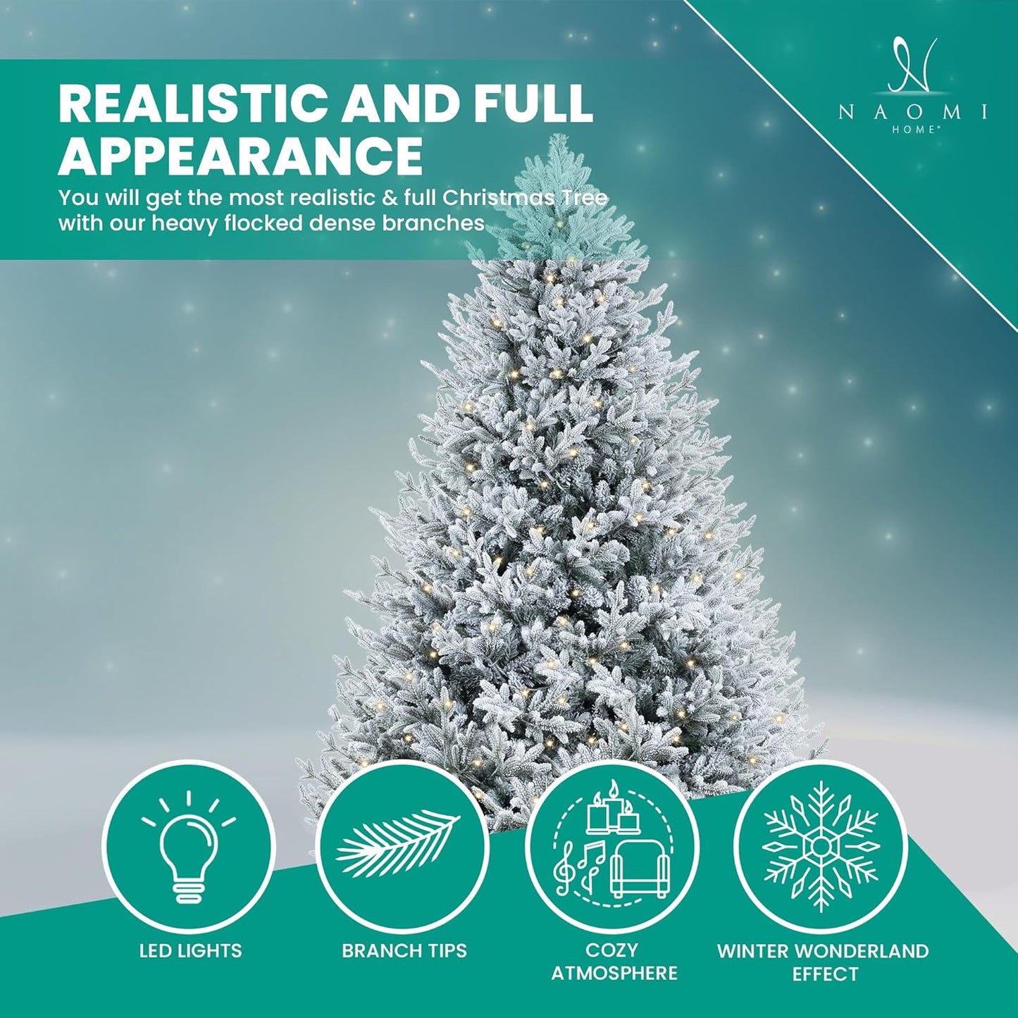 Naomi Home Ginebra 7.5ft Snow Flocked Christmas Tree Prelit with 3266 Branch Tips, 650 Warm Lights and Metal Stand, 59" Wide Realistic Snowy Frosted Christmas Tree with Lights