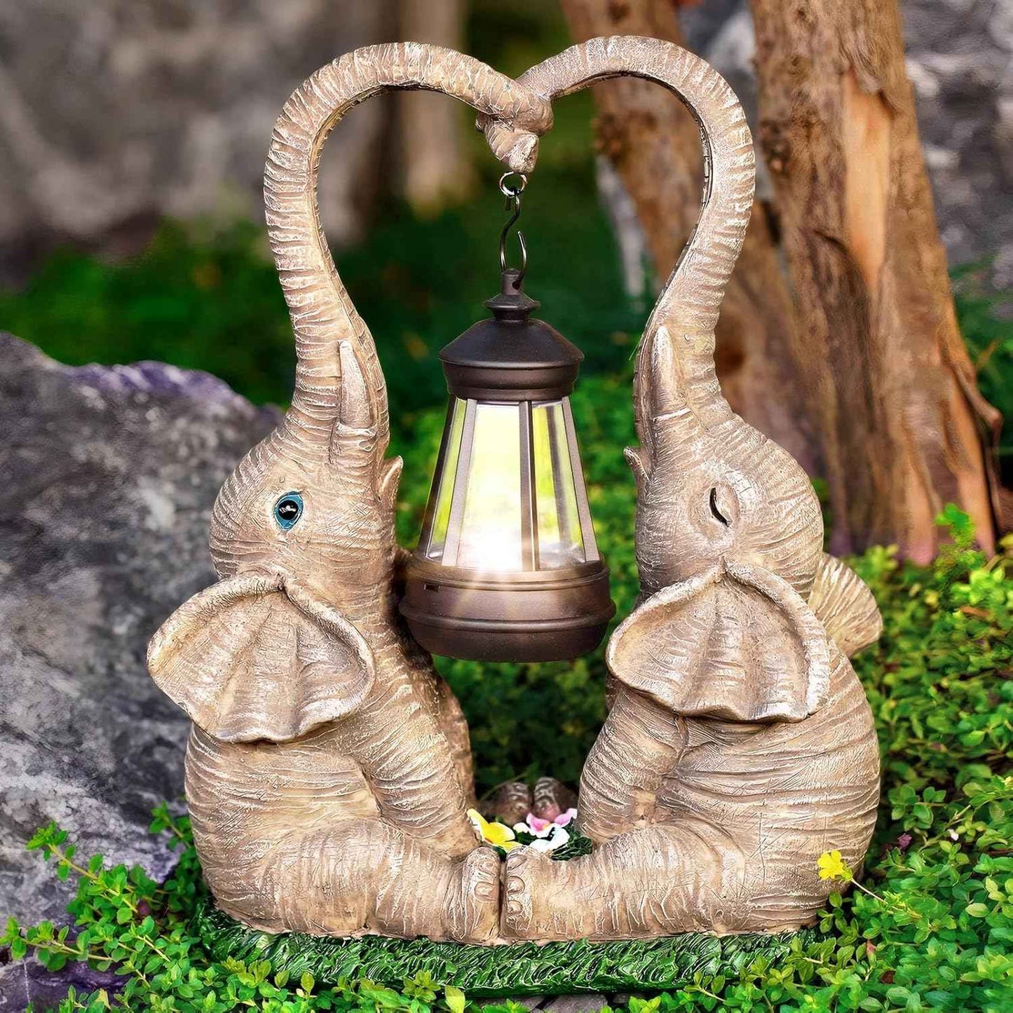 Elephant Statue Garden Decor with LED Solar Lights-Set of 2 Good Luck Elephant Outdoor Statue Elephant Gifts for Women Garden Statues for Yard Patio,Porch,Home for Women