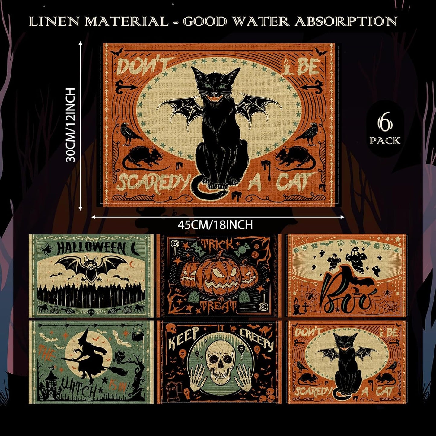 Umigy 6 Pcs Halloween Placemats 12"x18" Gothic Bat Placemats Kitchen Decoration Washable Witch Place Mats Rectangle Skull Table Mats for Halloween Dining Table Accessories(Scary)