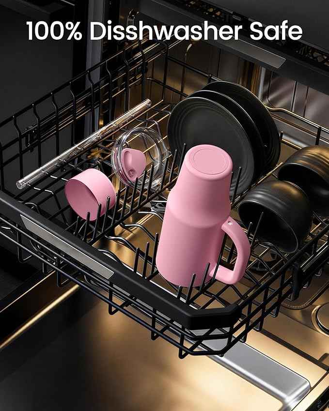 Renoj Insulated Mug 100% Spill Resistant Insulated Water Bottle for Iced Coffee & Hot Drinks - Fits Car Cup Holder, Ideal Gift, 2 Straws & Silicone Boot - FlexSlide Pink 32 oz