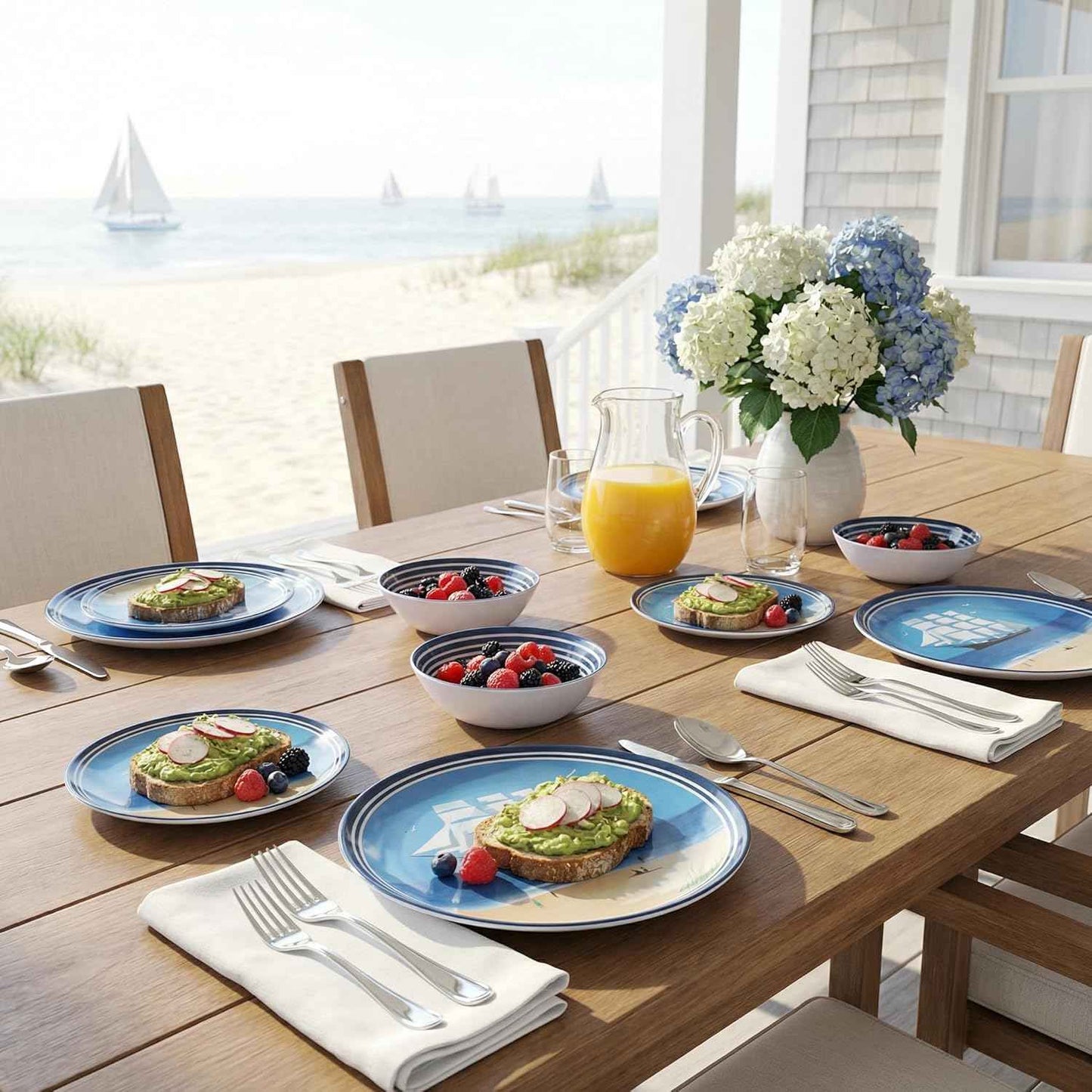 Outdoor Melamine Dinnerware Set 12-Piece, Beach Sailing Pattern Unbreakable Plates & Bowls, Dishwasher Safe Lightweight for Picnic Pool Party Camping（Sailboat）
