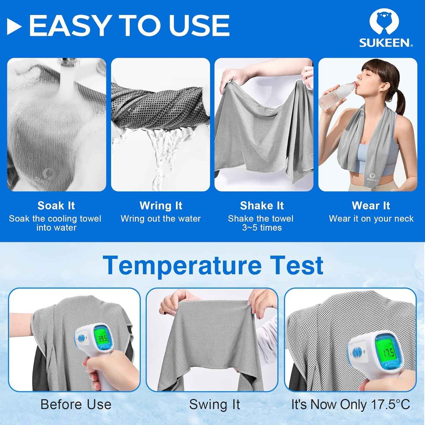 Sukeen 4 Pack Cooling Towels (40"x12"),Ice Towel,Soft Breathable Chilly Towel,Microfiber Towel for Yoga,Sport,Running,Gym,Workout,Camping,Fitness,Workout & More Activities