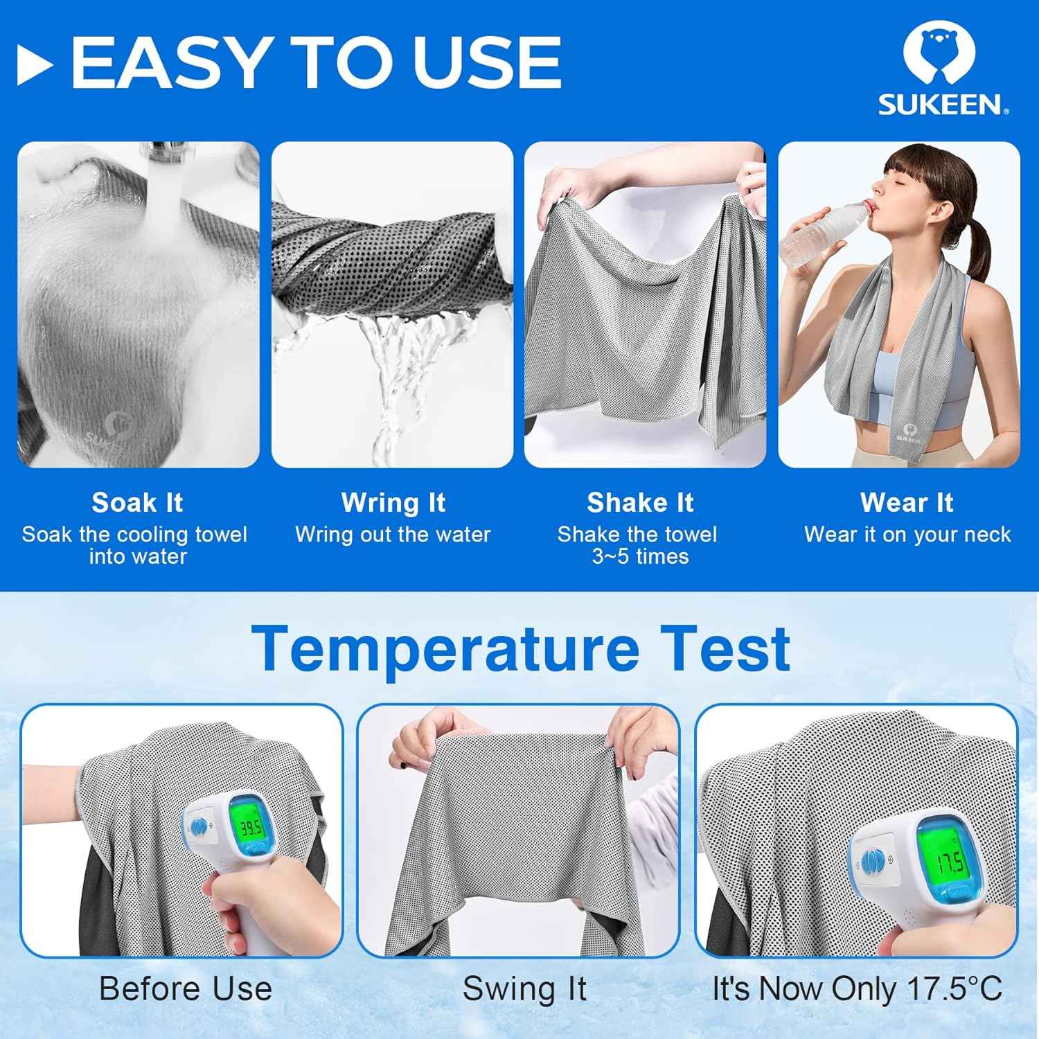 Sukeen 4 Pack Cooling Towels (40"x12"),Ice Towel,Soft Breathable Chilly Towel,Microfiber Towel for Yoga,Sport,Running,Gym,Workout,Camping,Fitness,Workout & More Activities