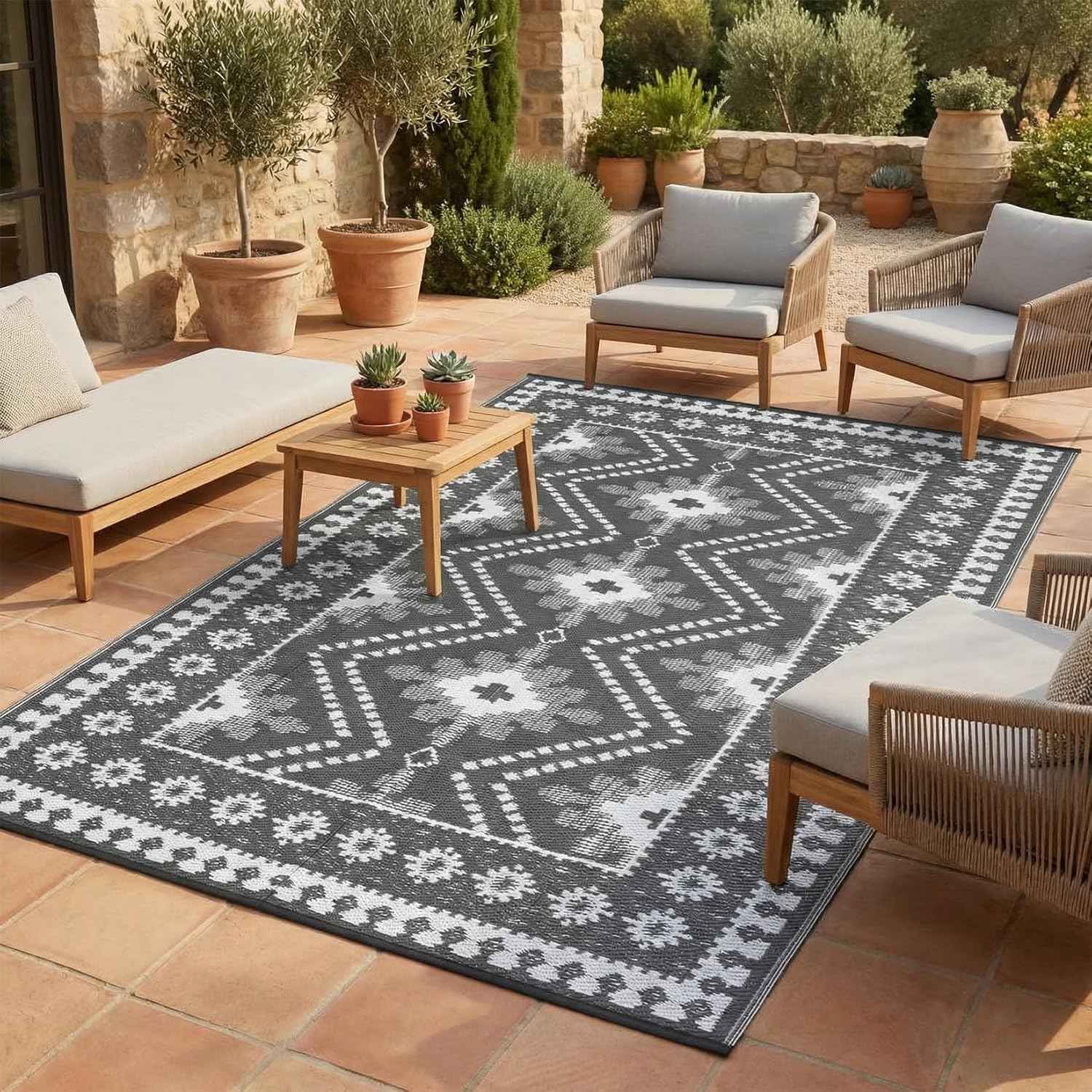 8x10 Gray Outdoor Rug, Waterproof Plastic Straw Reversible Ethnic Geometric Patio Mat, Symmetrical Tribal Pattern Washable RV Camping Carpet, Foldable Portable Deck Rug for Picnic Backyard