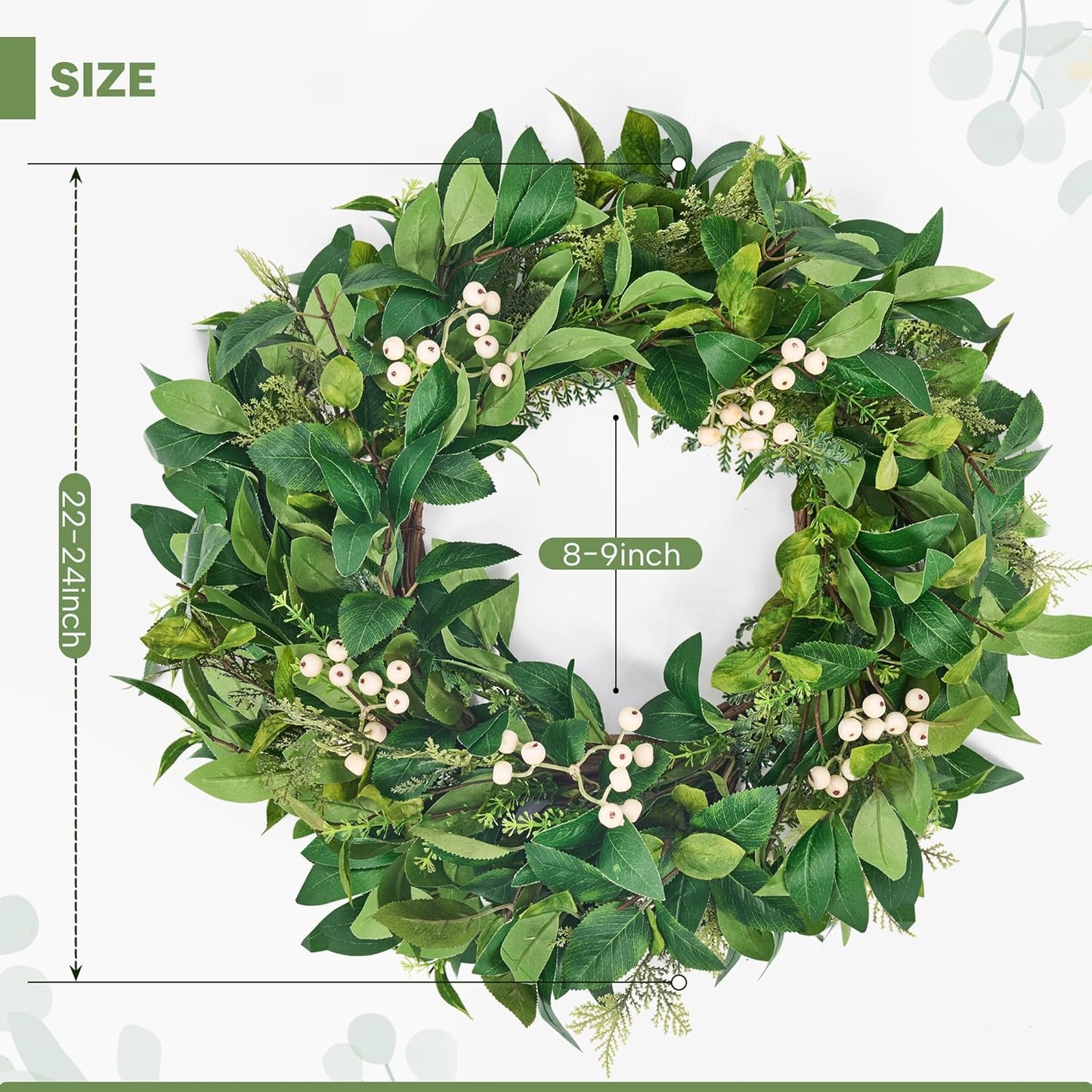 GENMOUS 24 Inch Christmas Wreaths for Front Door, Green Cypress Leaves Wreath with Cedar Laurel White Berries, All Season Indoor Outdoor Wedding Holiday Christmas Home Wall Door Porch Decor