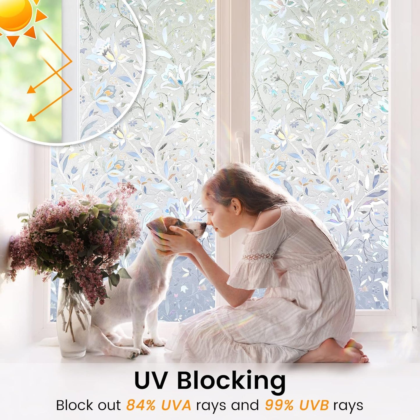 DOWELL Window Privacy Film, 3D Stained Glass Rainbow Films, Decorative Window Vinyl Sun Blocker Door Covering, Static Cling Non-Adhesive Glass Sticker for Home, Blooming Flowers, 35.4"x157.4"