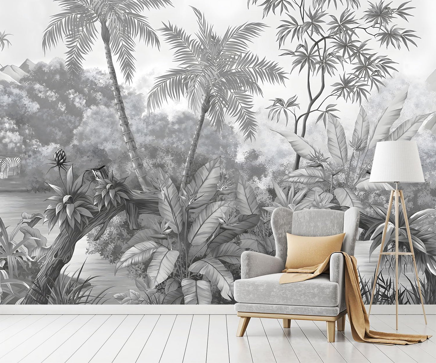 -Grey Rainforest Leaves Fabric Wallpaper Bedroom XT11 S 100" x 65"