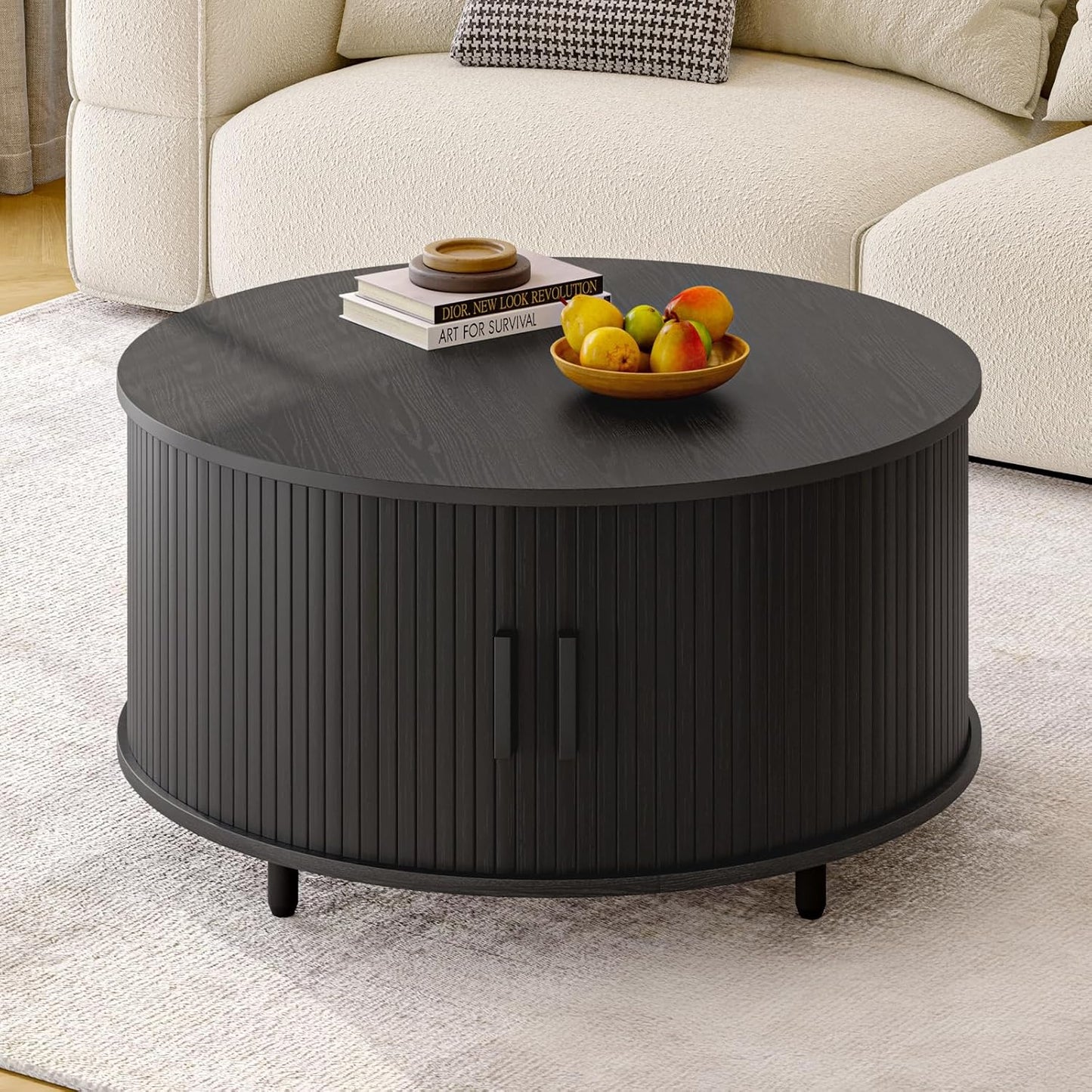Round Coffee Table with Storage, 31.5" Modern Coffee Table with 360° Curved Sliding Door, Fluted Wood Accent Coffee Table with Adjustable Footpads, Round Center Table for Living Room, Black