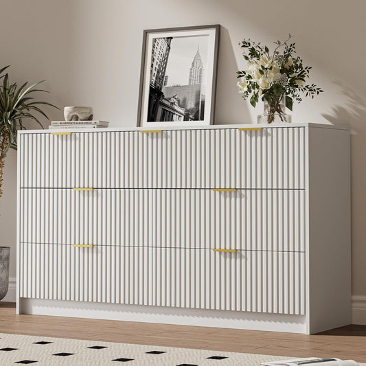 White 7 Drawer Dresser for Bedroom, Modern Fluted Dresser with Gold Metal Handles, Wide Chest of Drawers for Bedroom,Living Room, Entryway, Hallway, 55.9" L x 15.7" D x 31.4" H