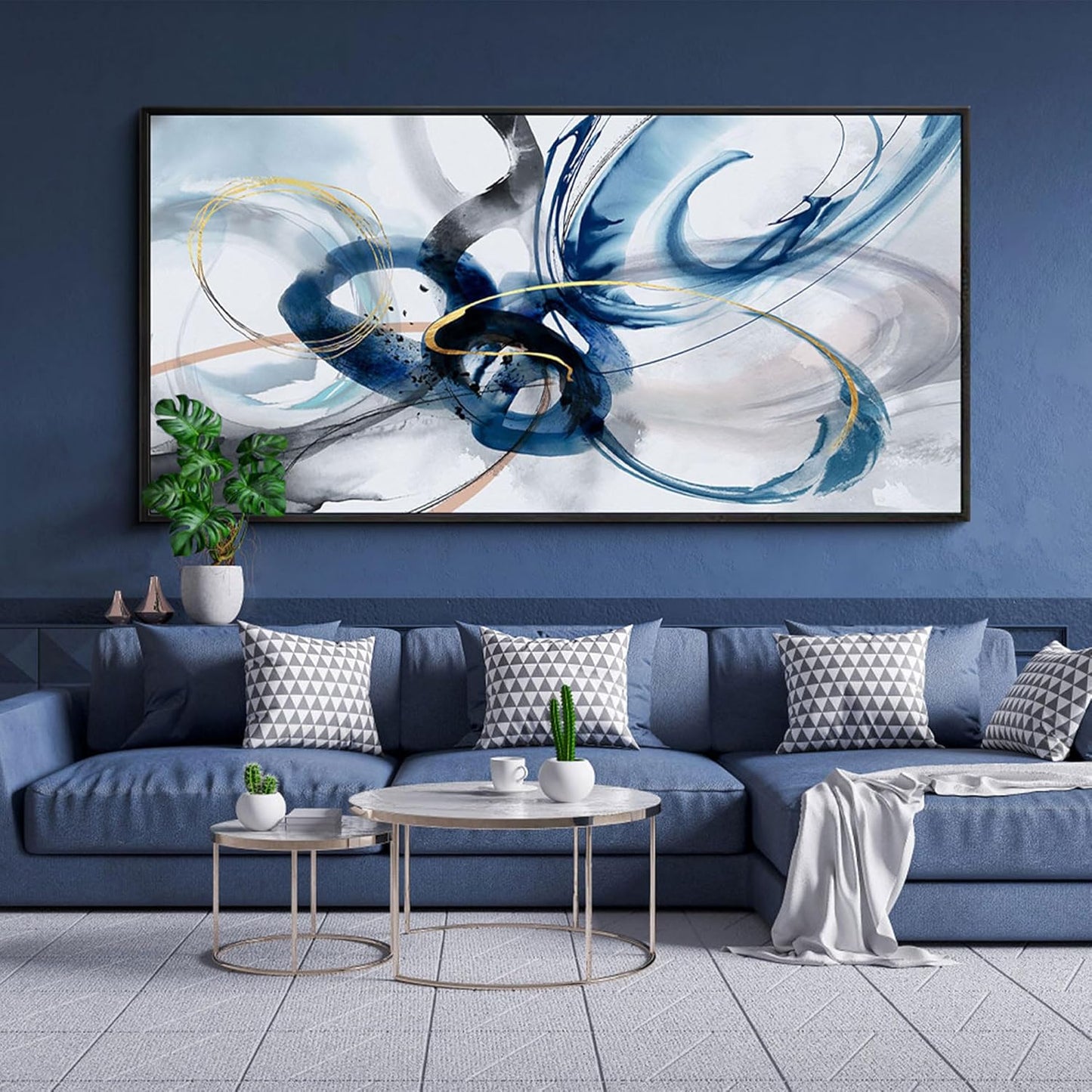 KLAKLA Modern Abstract Canvas Wall Art - Frame Wall Decor Living Room Picture Artwork for Office Bedroom Blue and White Decorative Paintings