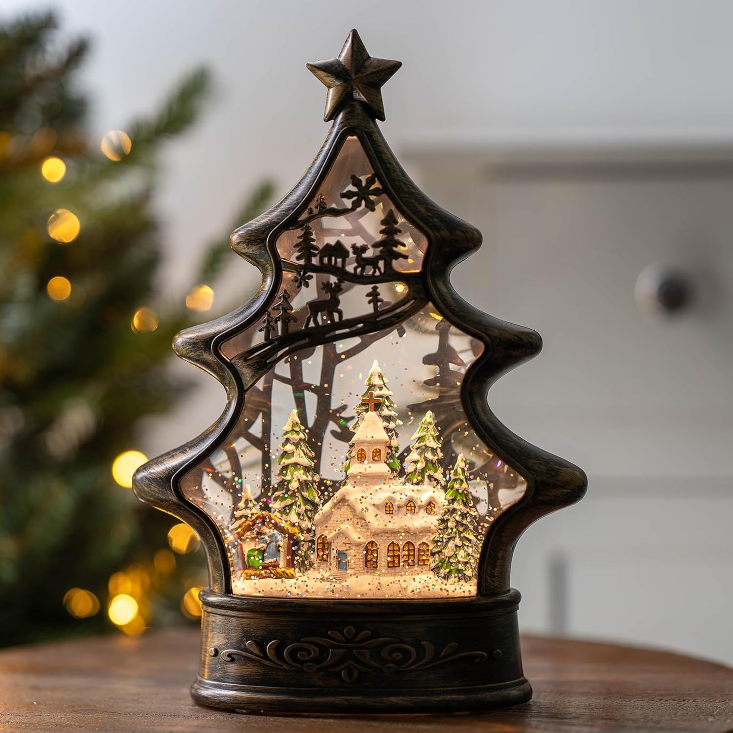 Musical Snow Globe Christmas Tree Lantern Lighted Church with Nativity Manger Scene Water Lantern in Swirling Glitter, Christmas Home Decoration and Gift, Battery Operated or USB Powered