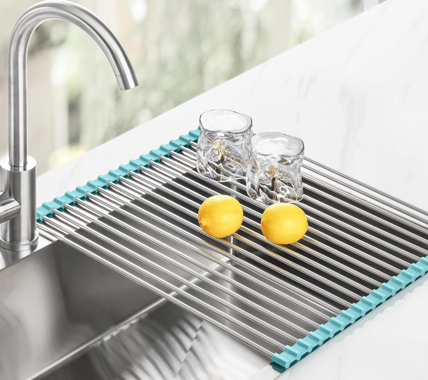 Tomorotec 17.7" x 15.5" Roll Up Dish Drying Rack Over Sink Drying Rack Sink Cover Kitchen Sink Accessories Gadget Multipurpose Organizer Foldable Stainless Steel Drainer