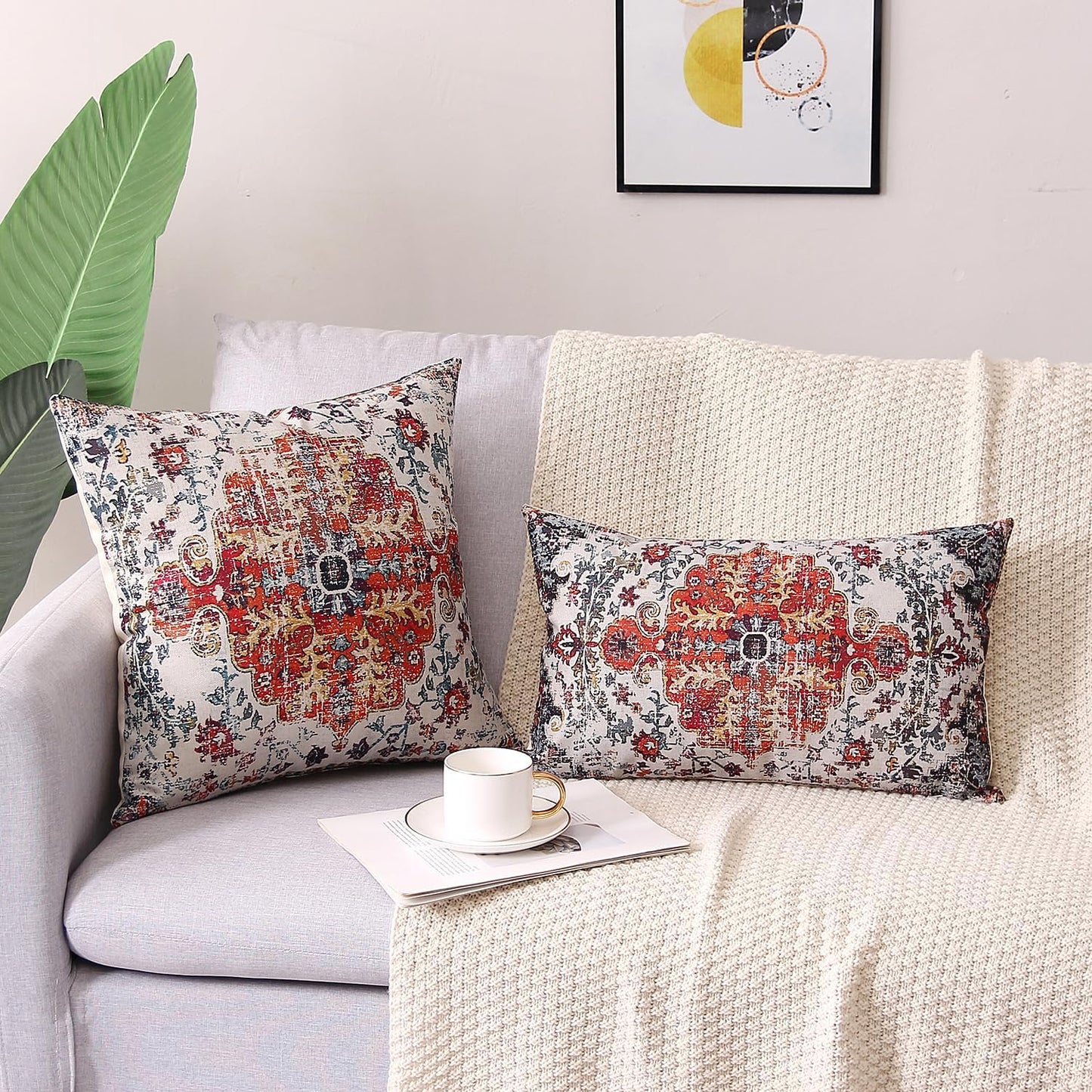 Outdoor Waterproof Pillow Set of 2 - 12X20 Inch Bohemian Vintage Carpet Pattern, Blue & Burnt Orange, Ethnic Design, Decorative Farmhouse Pillow Covers for Couch, Garden, Balcony