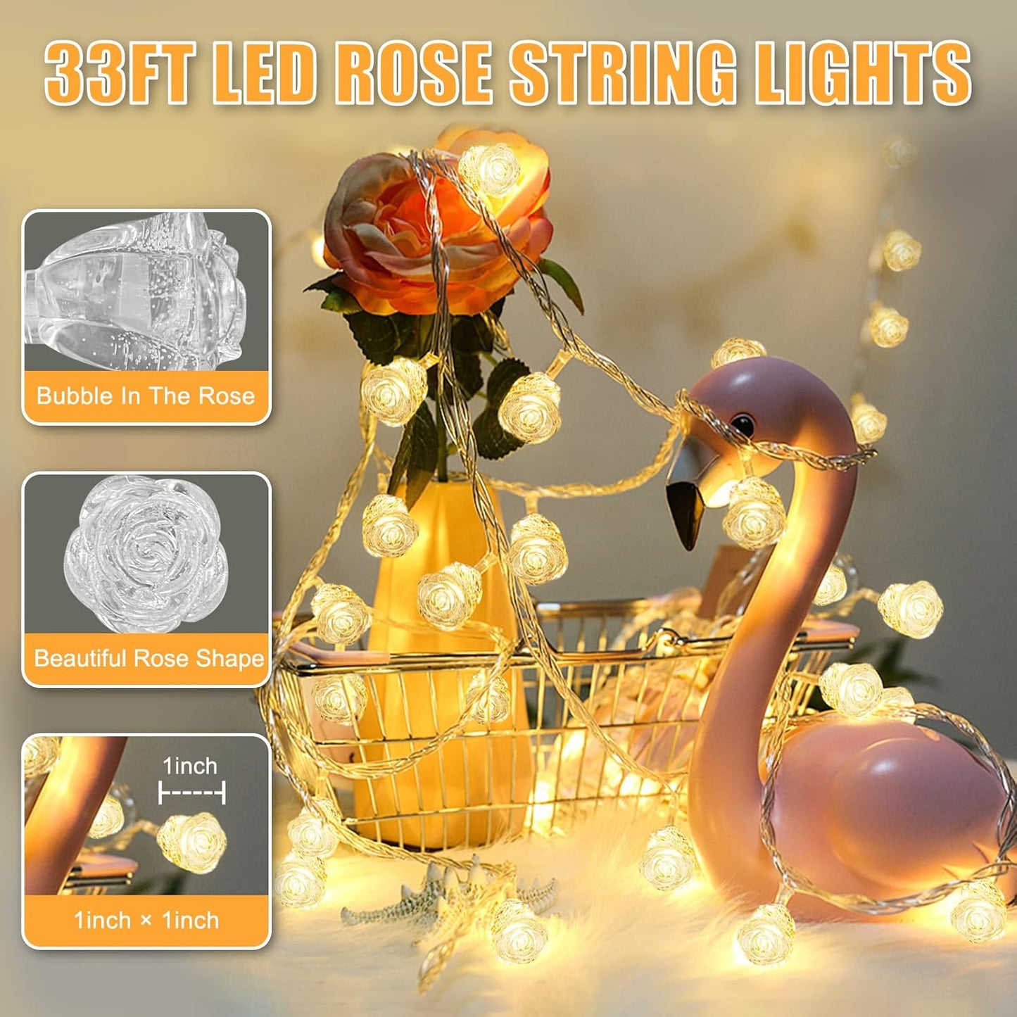 String Lights Indoor, 33Ft 80 LED Rose Flower Lights, 8 Modes Dimmable & Timeable Twinkle Lights, Festival Christmas Decorations for Bedroom Living Room, White, USB Plug, Remote