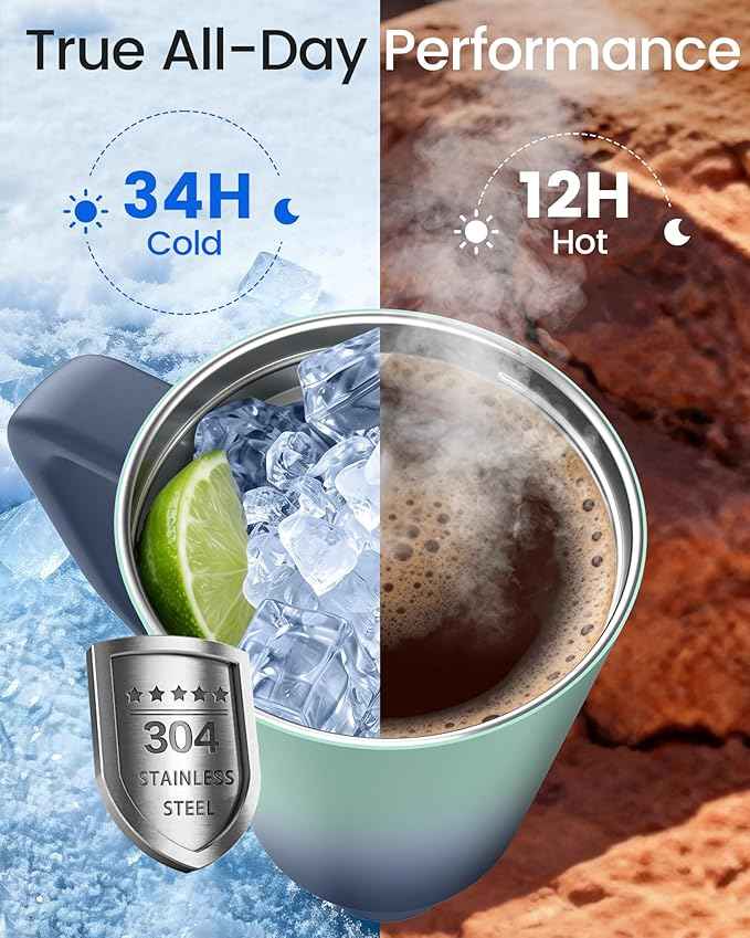 Renoj Insulated Mug 100% Spill Resistant Insulated Water Bottle for Iced Coffee & Hot Drinks - Fits Car Cup Holder, Ideal Gift, 2 Straws & Silicone Boot - FlexSlide Blue Gradient 32 oz