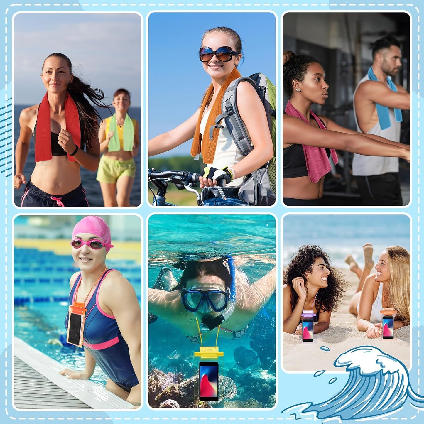 BBTO 48 Pcs Cooling Towels Waterproof Cell Phone Pouch Set 24 40" x 12" White Ice Towel for Neck and Face 24 6.7" Underwater Cellphone Dry Bag with Lanyard for Running Yoga Snorkeling Swimming