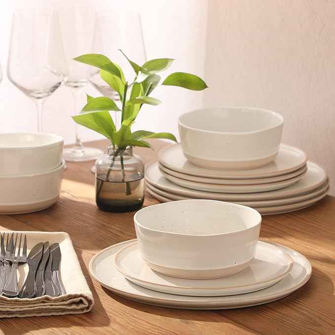 Gibson Elite Humphrey Lane 12 Piece (Service for 4) Plates and Bowls Reactive Glaze Dishes Stoneware Ceramic Dinnerware Set - White