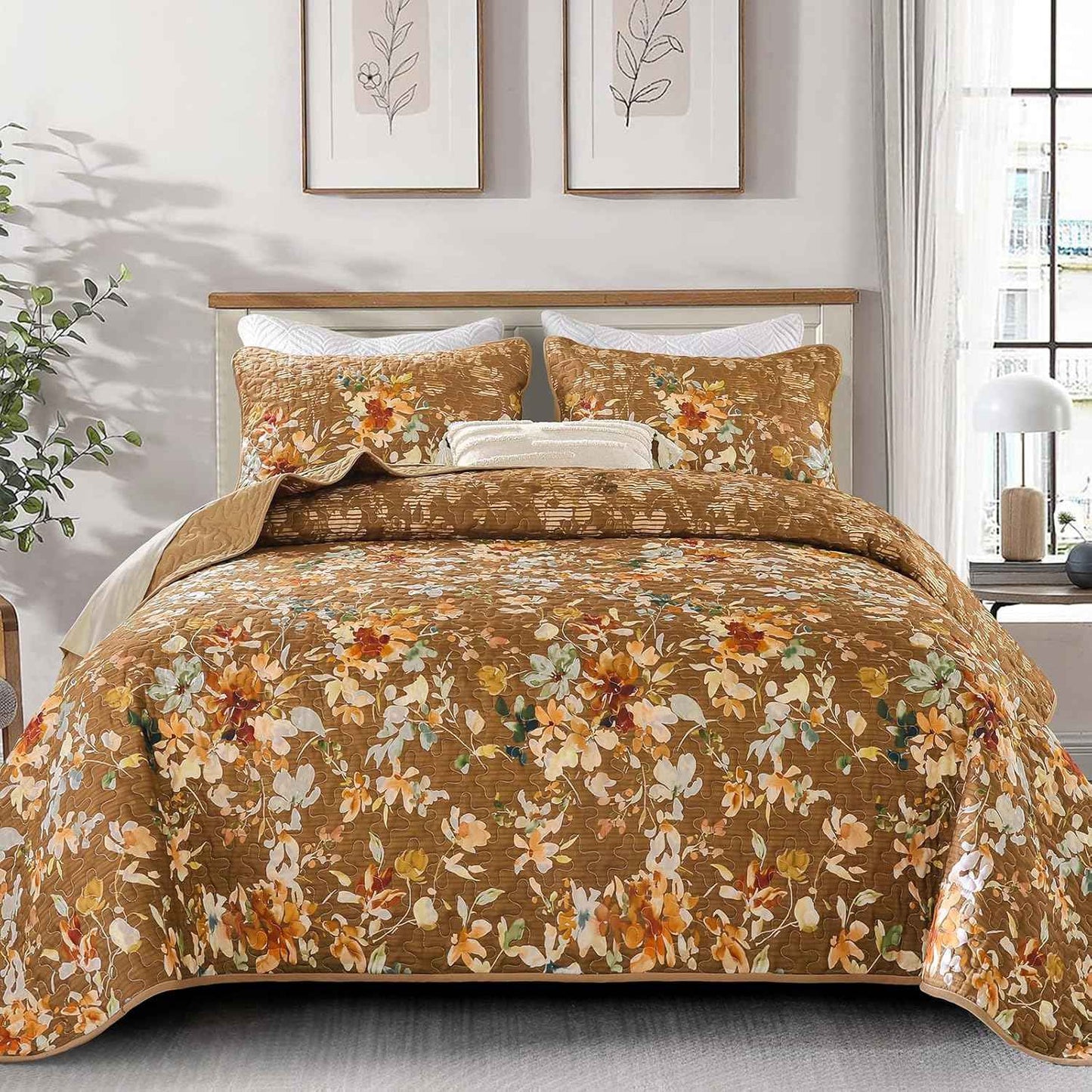 Dobuyly Brown Quilt Set Queen Size, Floral Bedspreads Coverlet Set, 3 Pieces Soft Lightweight Microfiber Farmhouse Botanical Quilt Bedding Set for All Seasons 96"x90"
