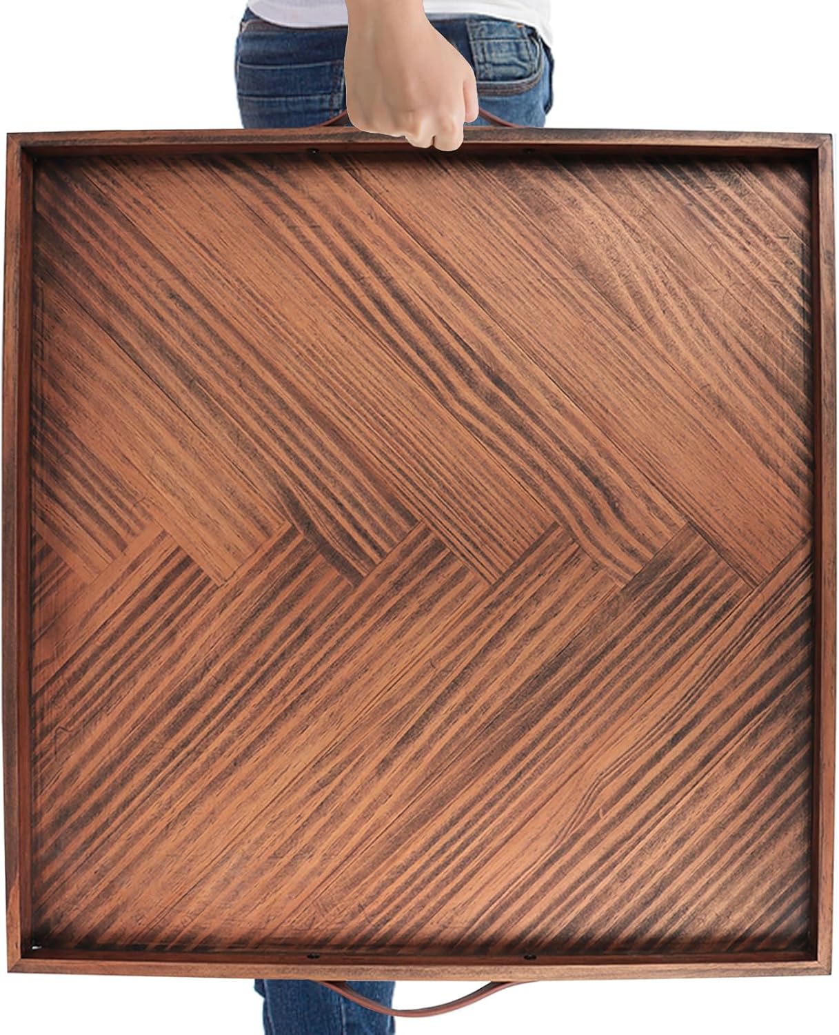SXNOWS Large Ottoman Wood Trays, Wooden Serving Tray with Handles, Large Ottoman Tray, Square Wooden Serving Tray for Coffee Table, Living Room and Kitchen, 24 x 24 inch