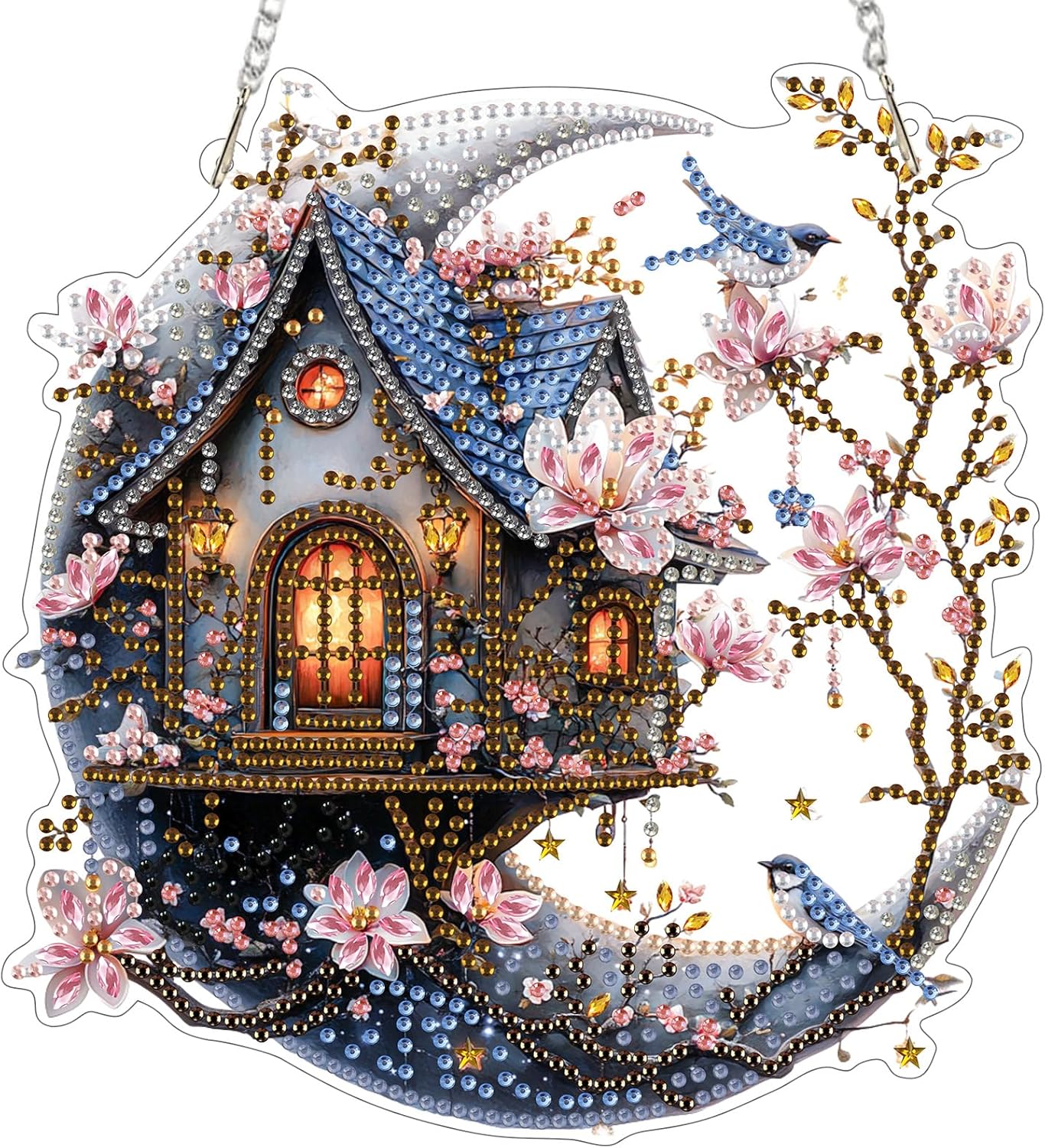EOBROMD Diamond Hanging Art Kits for Adults, House on The Moon DIY Special Shaped Rhinestone Kits for Adults, Diamond Art Painting Suncatcher, Window Pendants Home Garden Wall Hanging Ornament