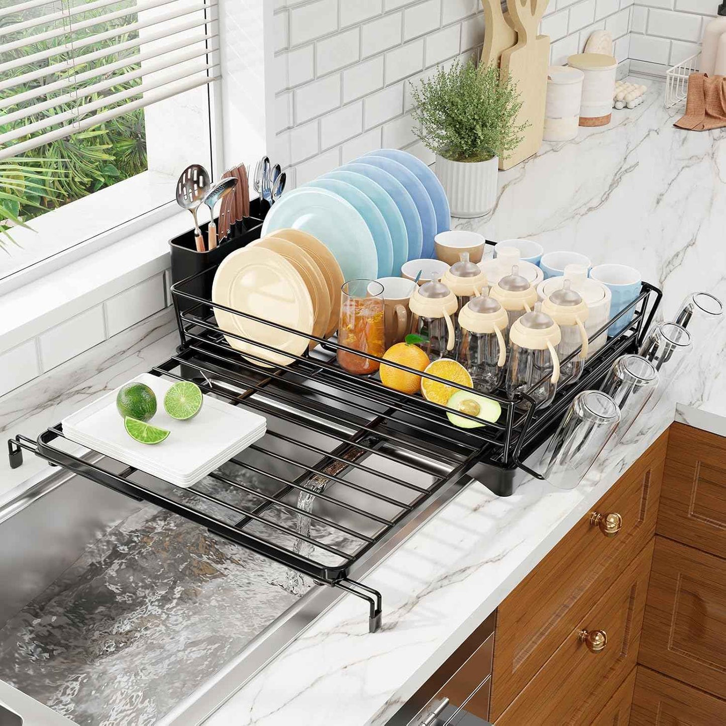 Simple Trending Dish Rack - Expandable Dish Drying Rack for Kitchen Counter, Large Capacity Dish Drainers, Stainless Steel Dish Strainer with Utensil & Cup Holders, Black