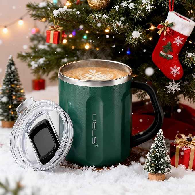Ideus 16 oz Coffee Cup, Stainless Steel Coffee Travel Mug, Spill Proof Tea Mug with Handle and Lid, Lightweight and Durable, Great for Office Home and Outdoor Use, Deep Green-FUJI FLOW