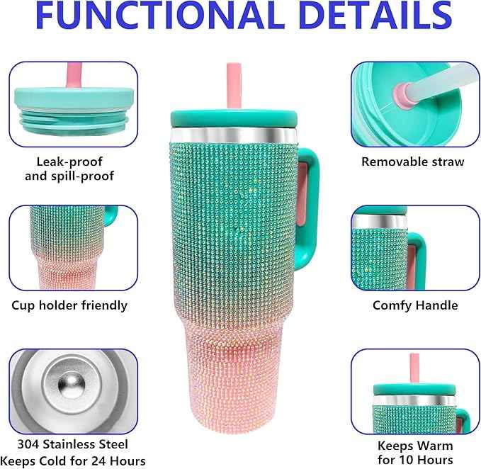 40-OZ Insulated Water Bottle,Insulated Stainless Steel Tumbler,Reusable Cold Drink Thermos,BPA-Free, Double-Wall Stainless Steel Water Bottle (Aqua Pink - Diamond, 40, Fluid Ounces, 40, Fluid Ounces)